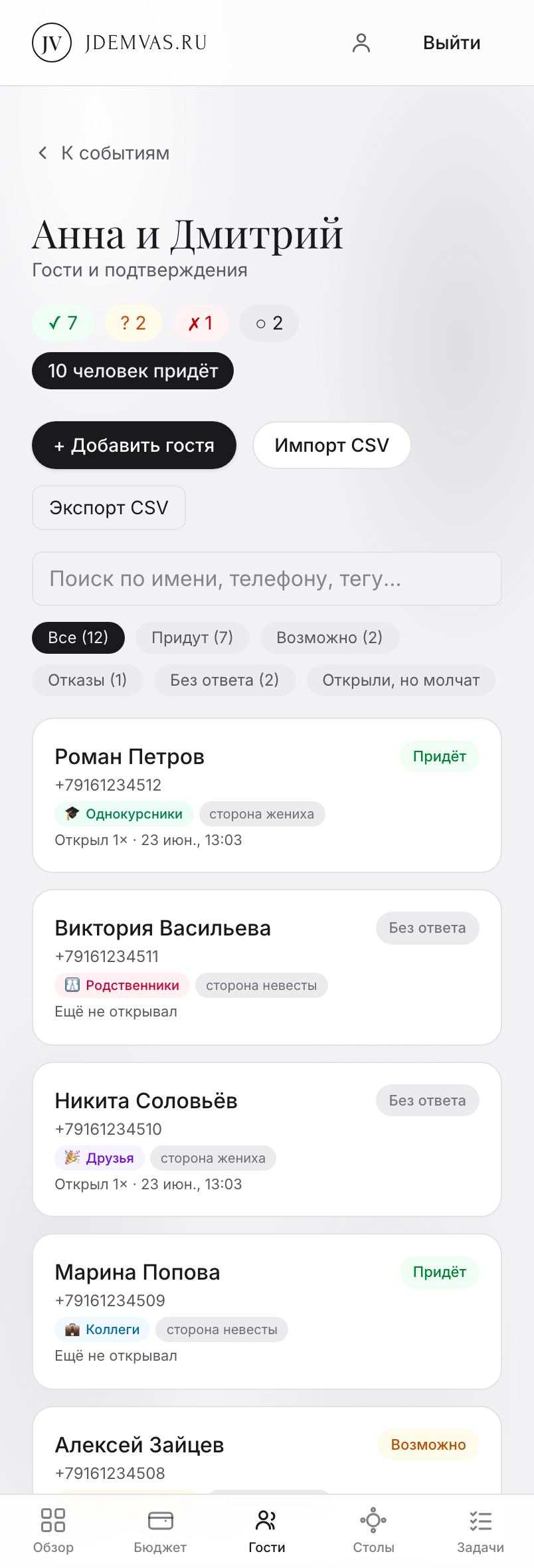 Список гостей с ответами
